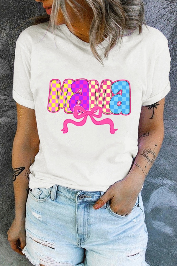 White MAMA Checkered Bow Knot Print Crewneck T Shirt
