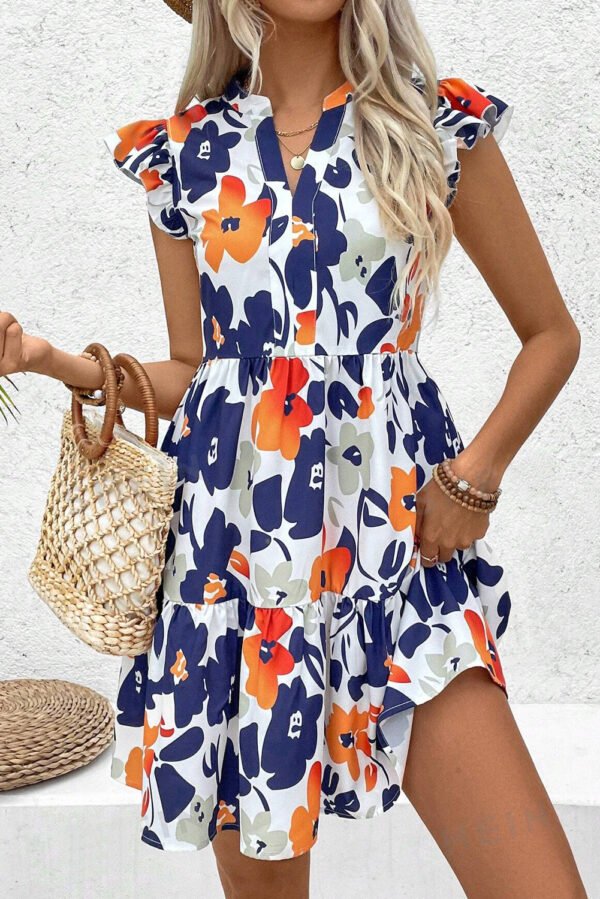 Orange Floral Print Notched Neck Flutter Sleeve Mini Dress