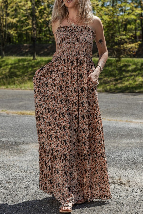 Brown Floral Smocked Bodice High Waist Flowy Sun Dress