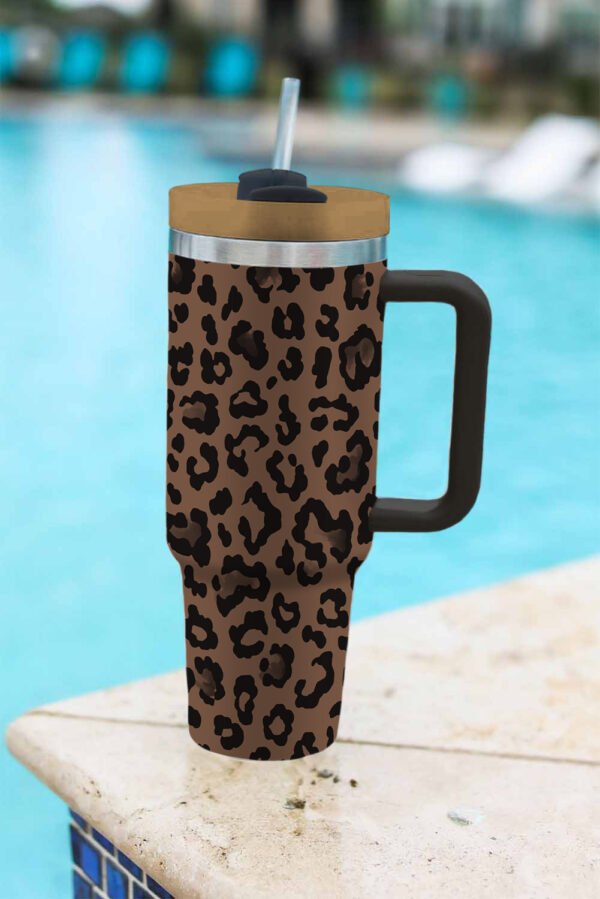 Coffee Leopard Print Handle Stainless Steel Large Vacuum Cup 40oz