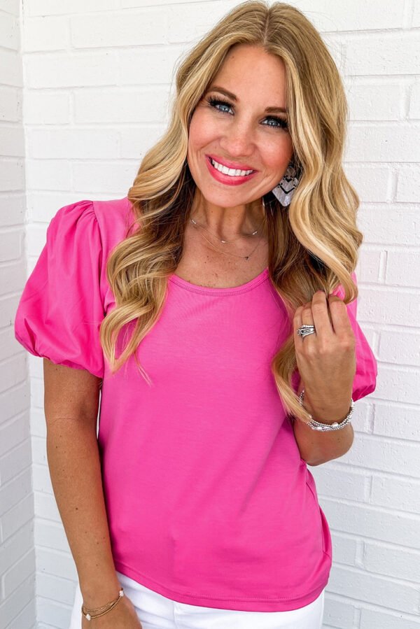 Strawberry Pink Casual Round Neck Bubble Sleeve T-shirt
