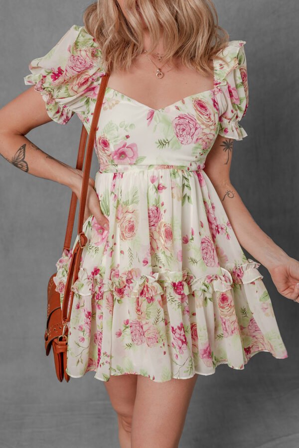 White Vibrant Floral Bubble Sleeve Sweetheart Neck Ruffle Mini Dress
