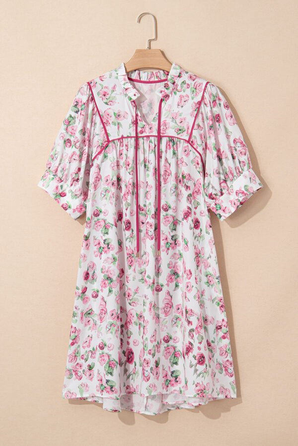 Pink Floral Split Neck Short Sleeve Loose Plus Size Mini Dress