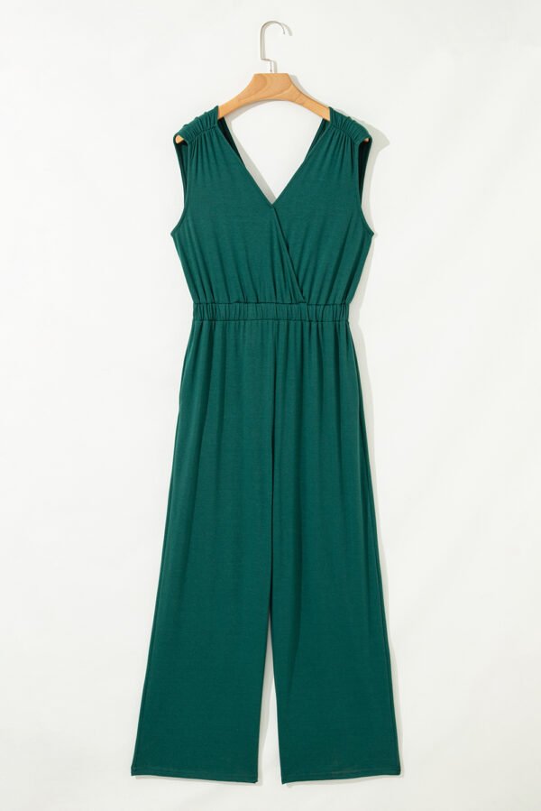 Blackish Green Deep V Pleated Crisscross Wide Leg Backless Jumpsuit