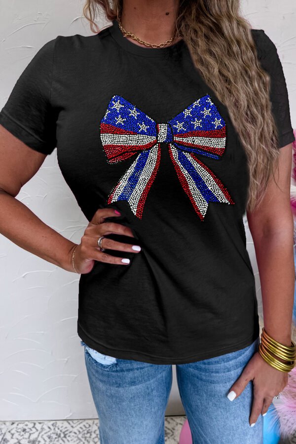 Black Rhinestone Stars and Stripes Bow Graphic Independence Day T Shirt