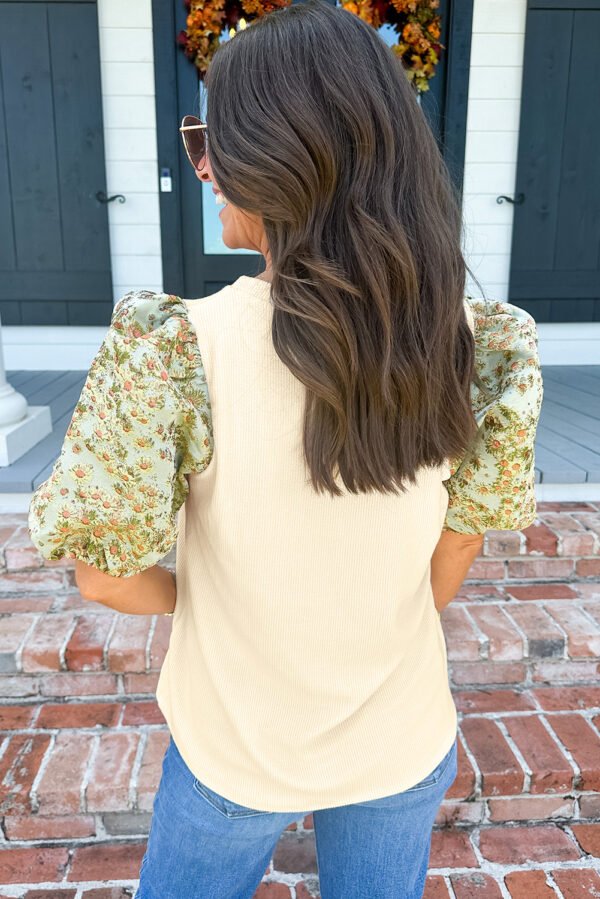 Beige Contrast Floral Bubble Sleeve Patchwork Ribbed Top