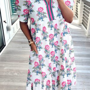 White Allover Print Contrast Split Neckline Short Puff Sleeve Curvy Dress
