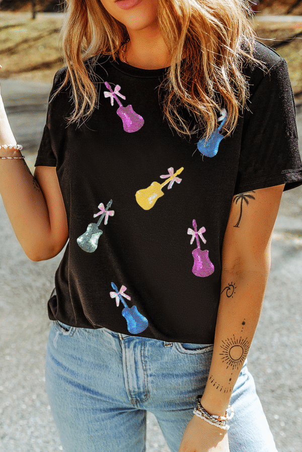 Black Sequined Bow Guitar Country Music Festival Casual Tee
