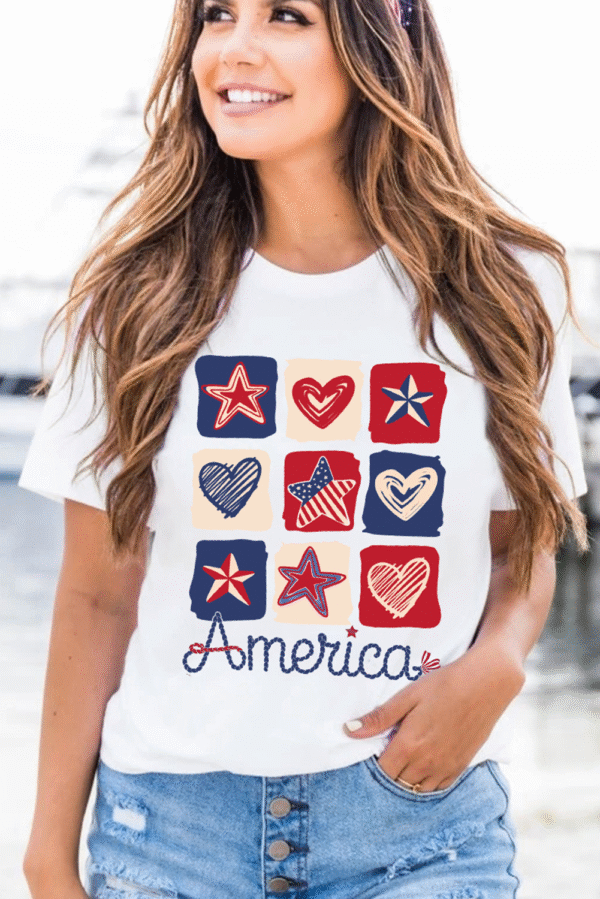White American Heart Star Checkered Graphic Tee