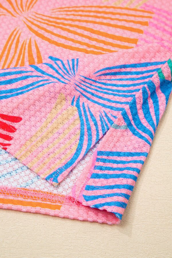 Pink Bowknot Printed Waffle Crewneck Loose Short Sleeve Top