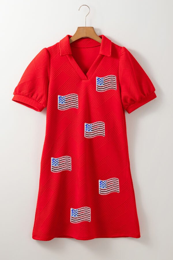 Fiery Red Sequin American Flag Patched Polo Collar Textured T Shirt Dress