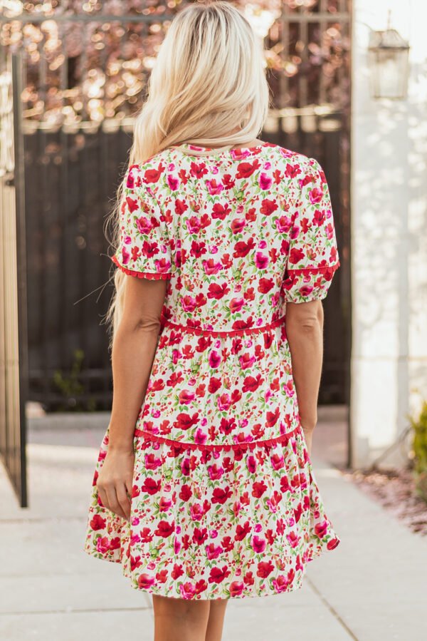 Red Floral Puff Sleeve Tiered Ric Rac Pocketed Mini Dress