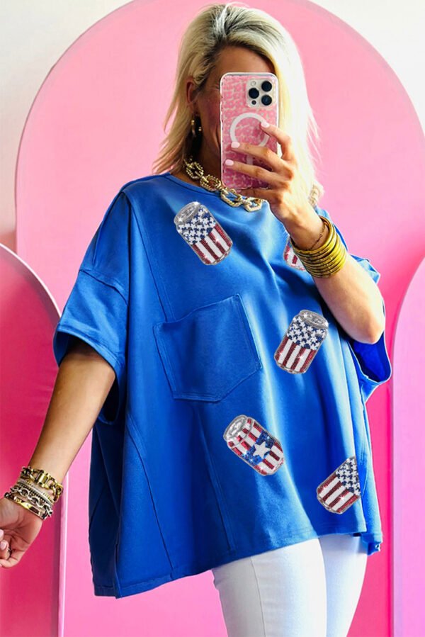 Blue Sequined American Flag Pop Can Pattern Oversized Tee