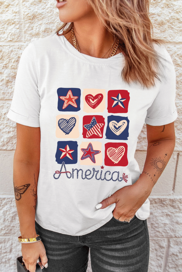 White American Heart Star Checkered Graphic Tee