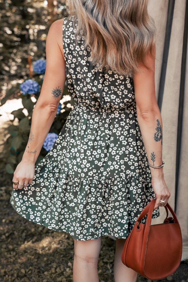 Green Boho Floral Print V Neck Tunic Sleeveless Dress