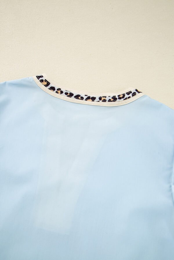 Beau Blue Contrast Leopard Trim Split Neck Puff Sleeve Blouse