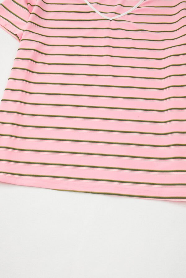Pink Stripe V Neck Slim Fit Casual T Shirt