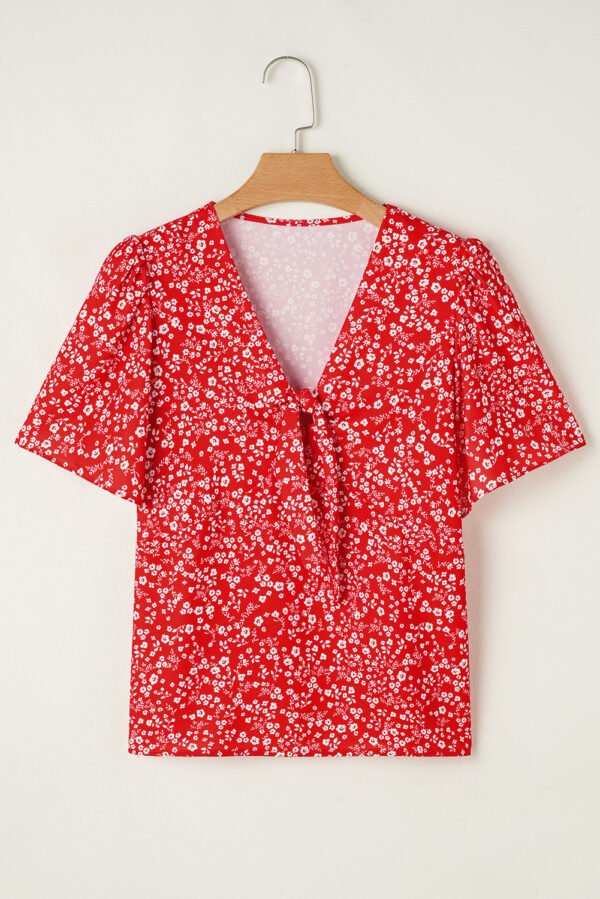 Red Boho Floral Printed Half Sleeve Knotted V Neck Blouse