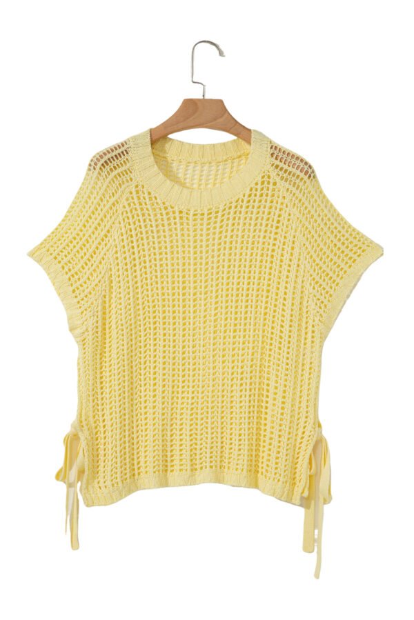 Yellow Cream Hollow-out Crochet Side Tied Short Sleeve Sweater