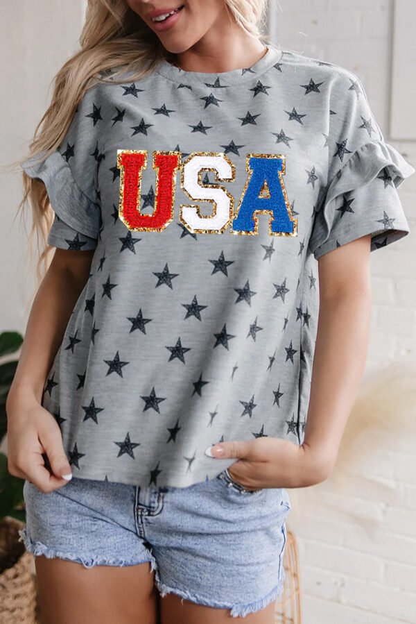 Gray USA Letter Patched Star Printed Ruffle Trim Sleeves Loose Tee