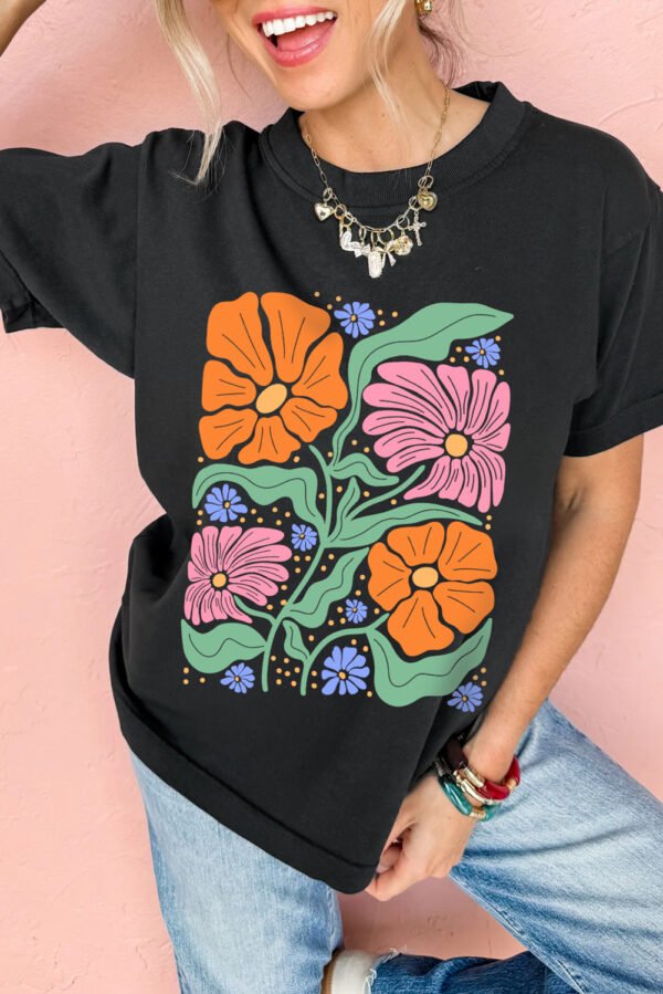 Black Colorful Flower Graphic Crewneck Summer Tee