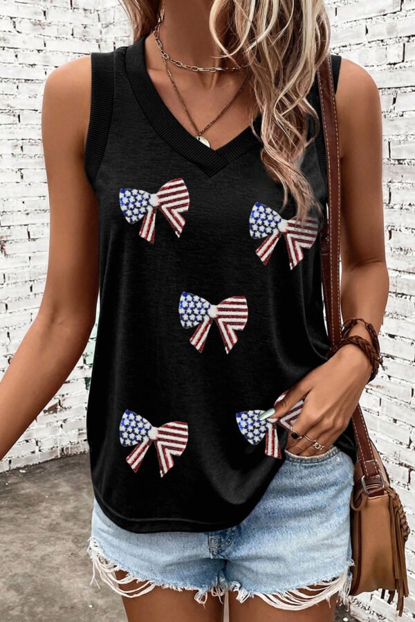 Black Flag Inspired Sequin Bow Patched V Neck Tank Top