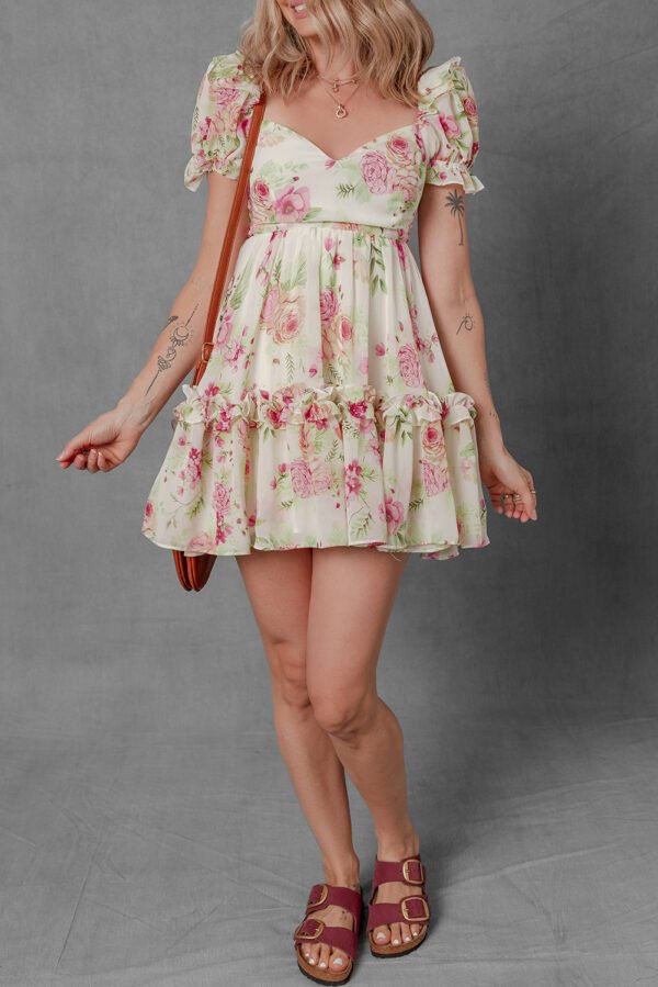 White Vibrant Floral Bubble Sleeve Sweetheart Neck Ruffle Mini Dress