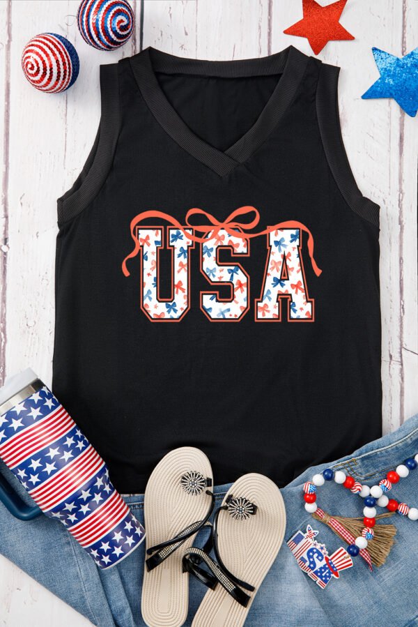 Black USA Bow Tie Print V Neck Tank Top