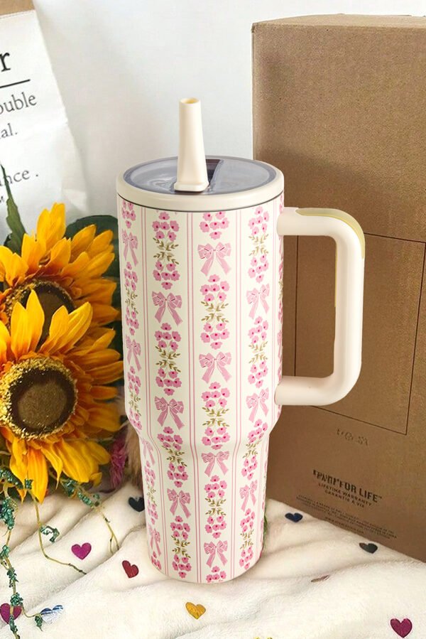 White Sweet Bow Flower Print Straw Insert Tumbler Cup 40oz