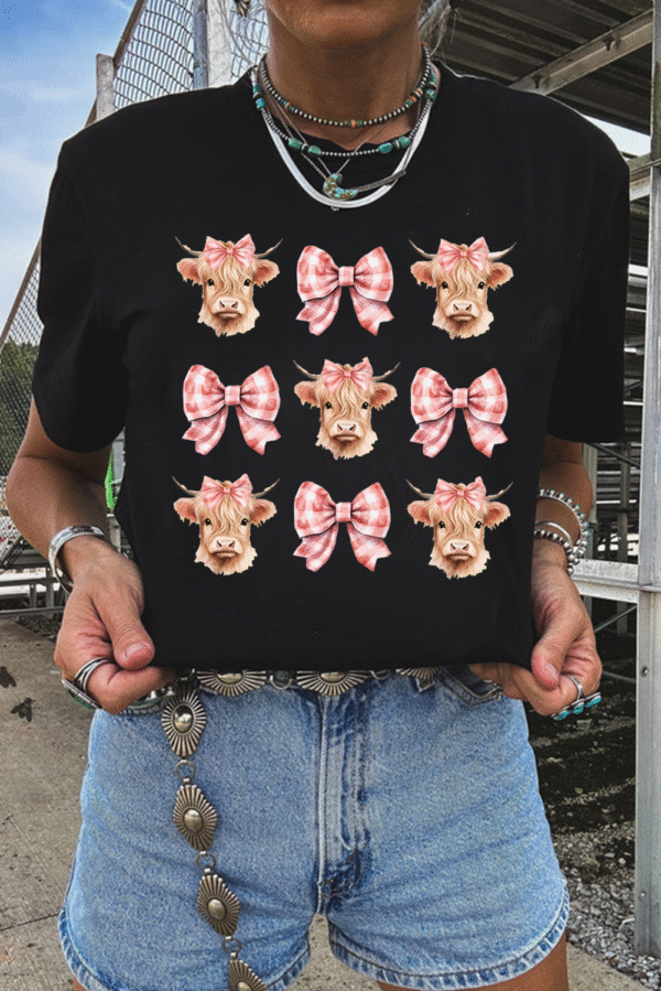Black Cow with Bow Graphic Crewneck Western Tee