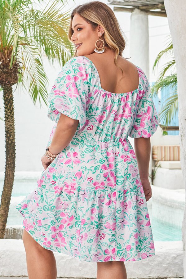 White Floral Print Ric-rac Trim Square Neck Plus Size Mini Dress