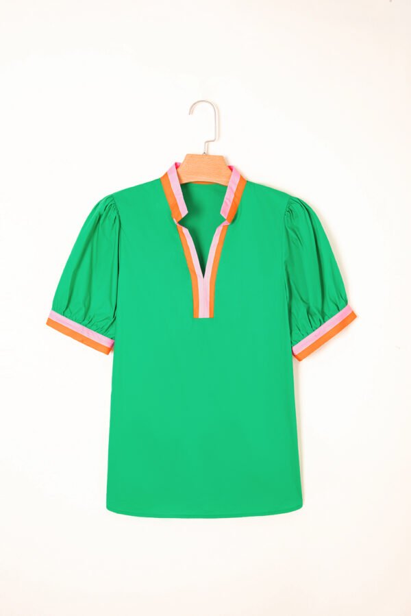 Bright Green Contrast Striped V Neck Collision Short Puff Sleeve Blouse