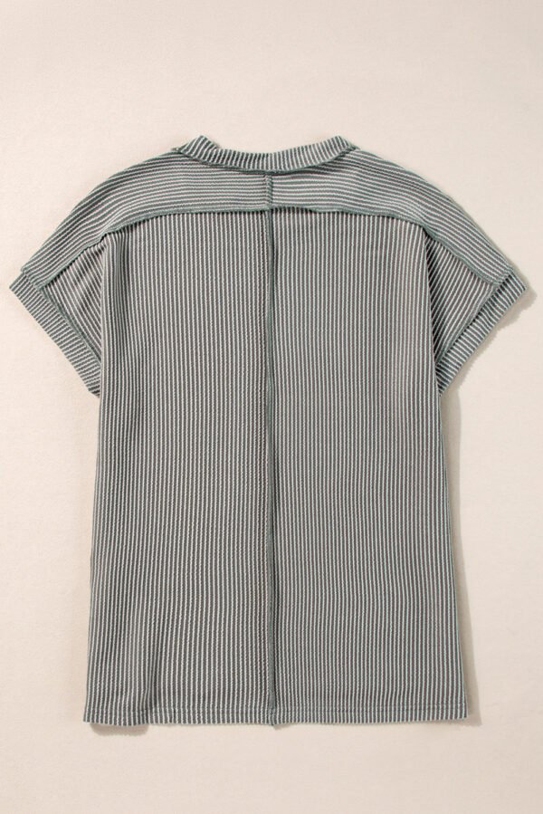 Medium Grey Twist Ribbed Sequined Bow Rugby Game Day Pattern Knit T Shirt