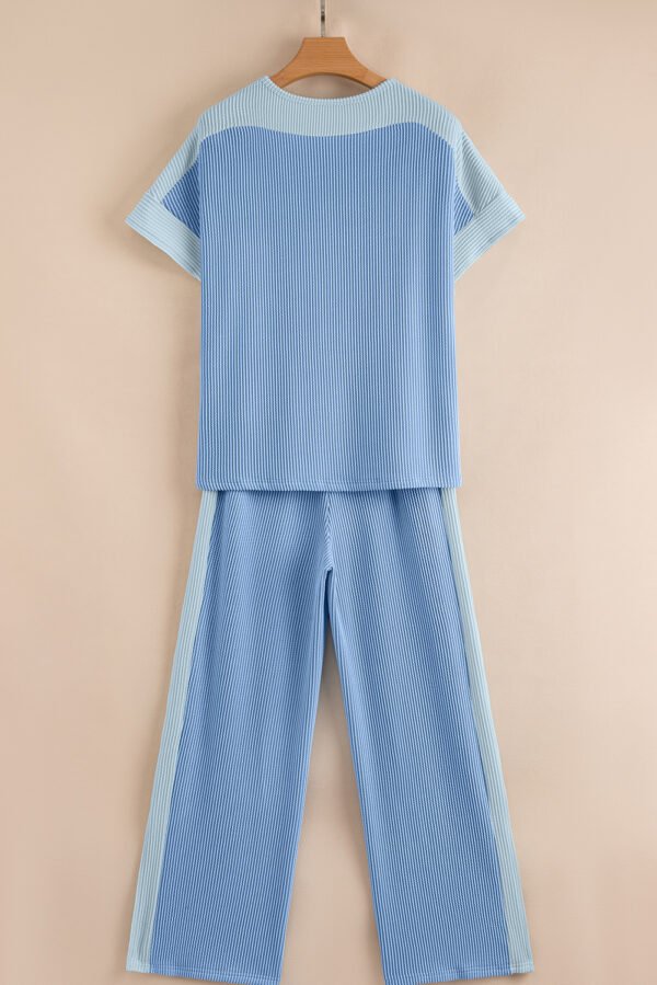Sky Blue 2-tone Colorblock Patchwork Corded 2pcs Outfit