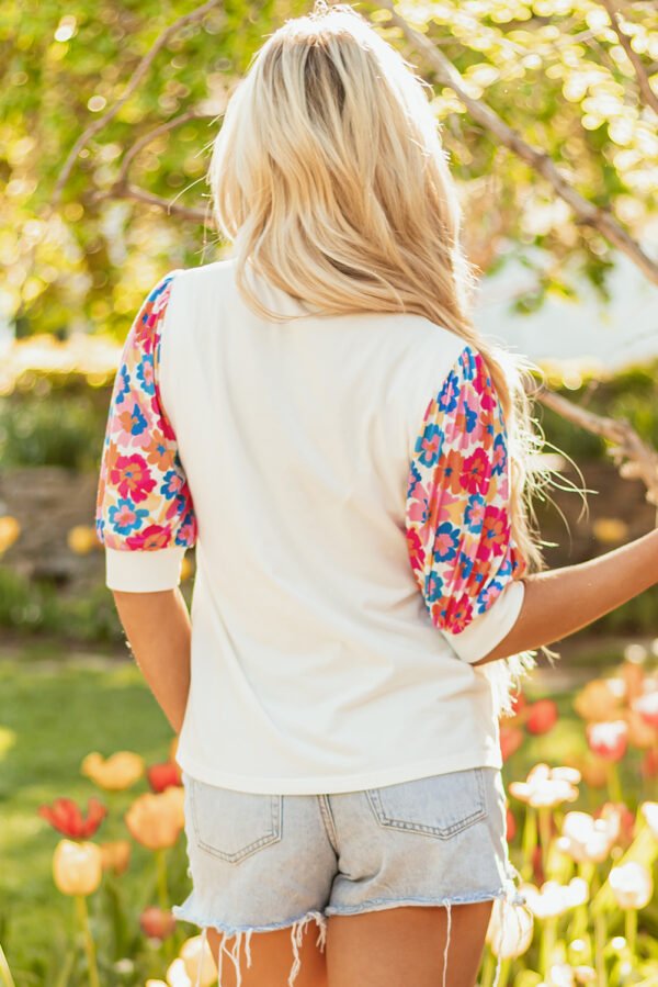 Beige Floral Puff Sleeve Patchwork Round Neck Top