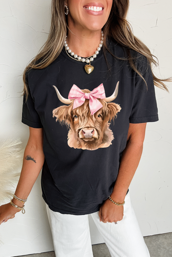 Black Bow Cow Head Graphic Western Fashion T Shirt