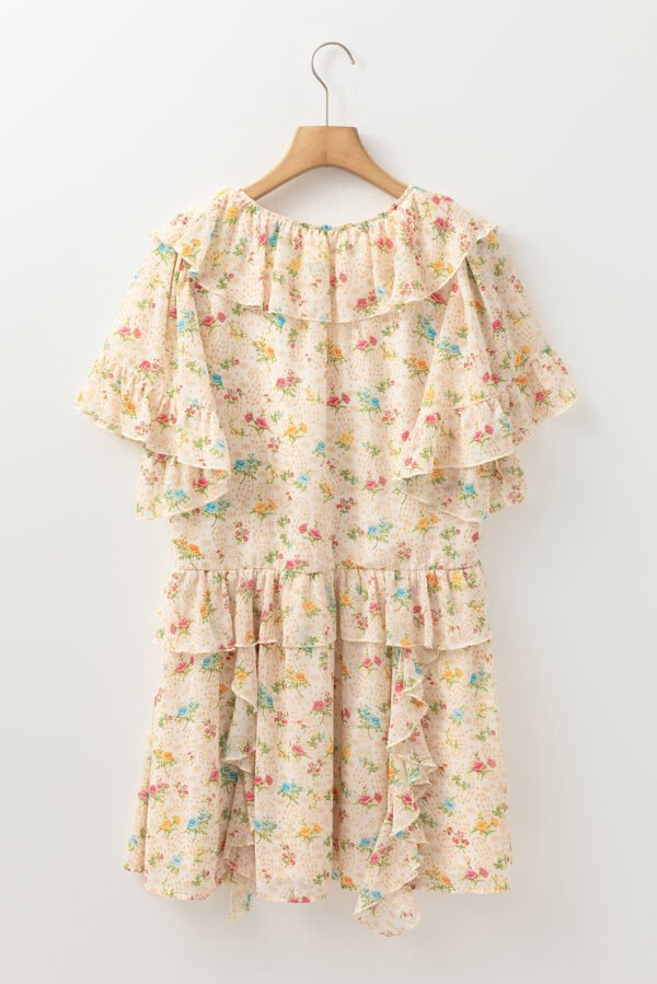 Apricot Boho Floral Tassel Tie V Neck Ruffle Wide Sleeve Mini Dress