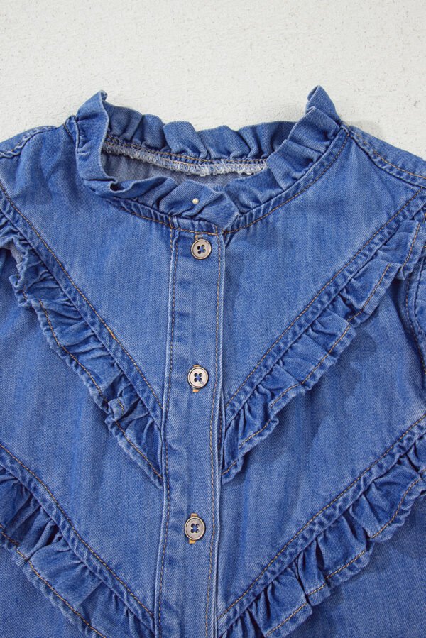 Sky Blue Mineral Wash Frilled Button Up Denim Shirt