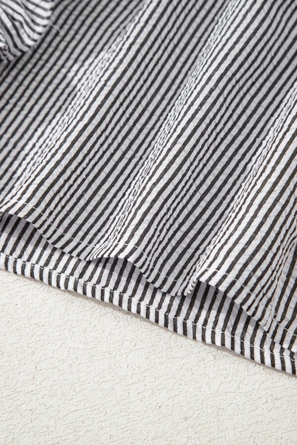 Black Striped Ruffle Short Bubble Sleeve Shirt