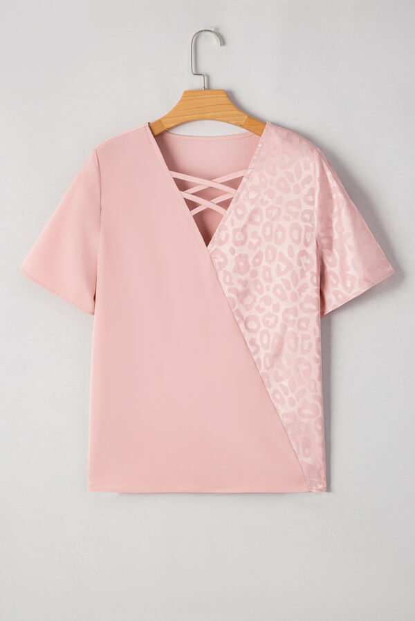 Apricot Pink Leopard Jacquard Patchwork Crisscross V Neck Short Sleeve Blouse