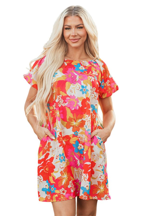 Pink Floral Print Bubble Short Sleeve Dress