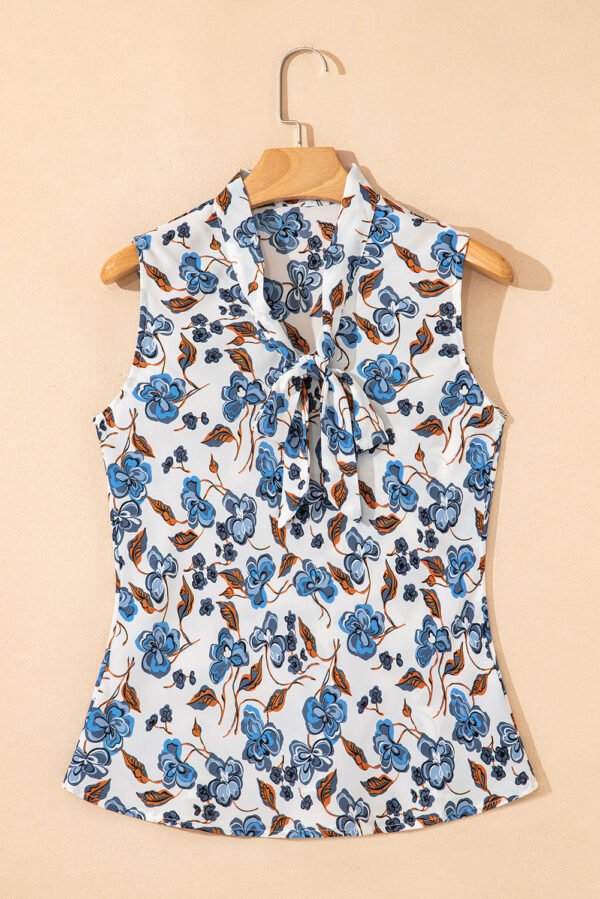 Sky Blue Floral Print Knotted V Neck Elegant Tank Top
