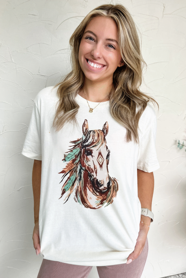 White Western Aztec Horse Graphic Crewneck Tee