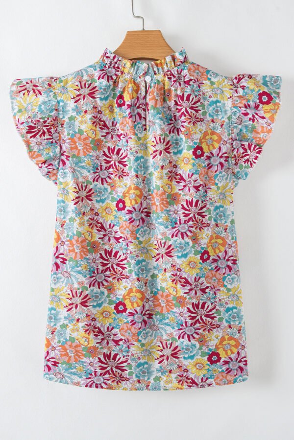 Multicolour Floral Pleated Detail Flutter Sleeve Blouse