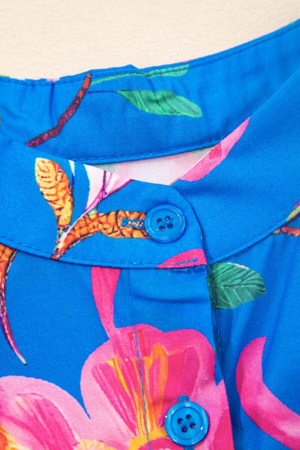 Blue Floral Short Puff Sleeve Button Up Shirt