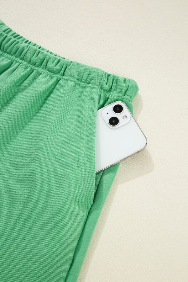 Mint Green Plus Size V Neck Tee Patched Pocket Drawstring Shorts Set