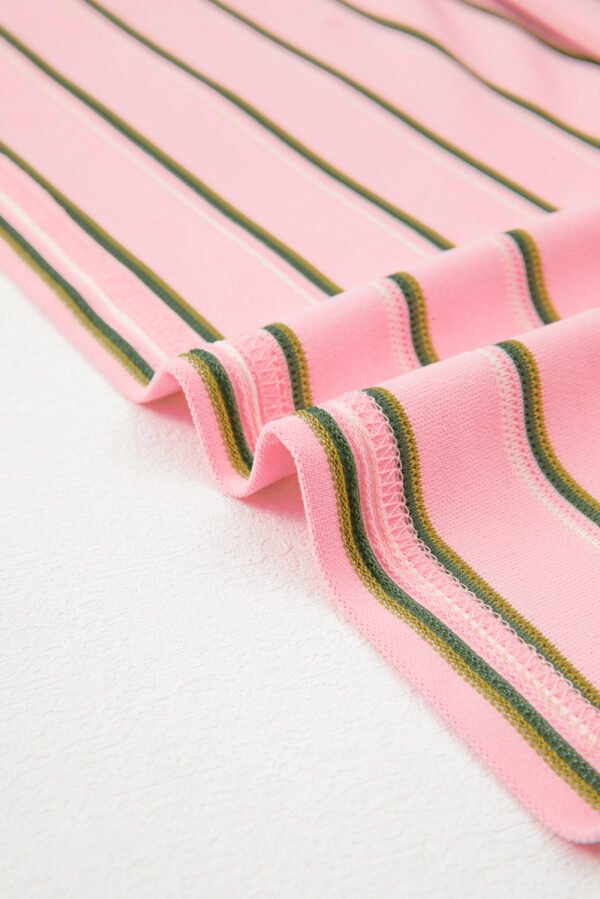 Pink Stripe V Neck Slim Fit Casual T Shirt