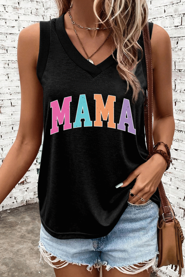 Black MAMA V Neck Loose Fit Tank Top