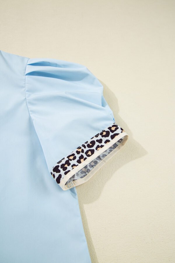 Beau Blue Contrast Leopard Trim Split Neck Puff Sleeve Blouse