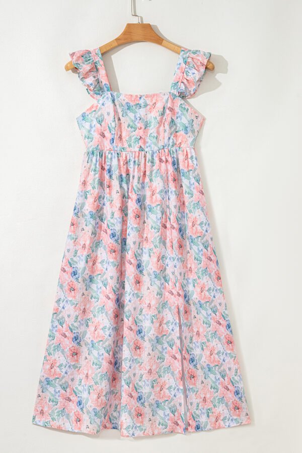 Pink Floral Print Square Neck Backless Long Dress with Slit